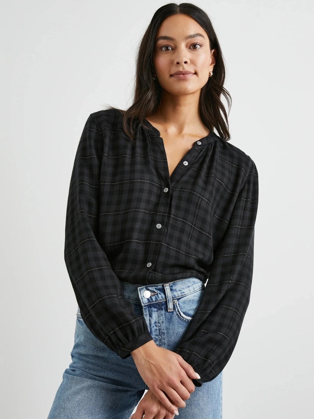 Rails Eloise Onyx Lurex Plaid Button Front Blouse Top XS